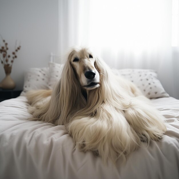 Um cachorro está deitado em uma cama com um lençol branco.