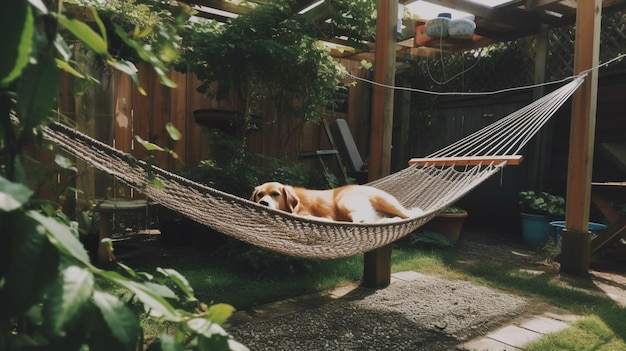 Um cachorro está deitado em uma rede em um quintal.