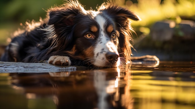 um cachorro está deitado na água