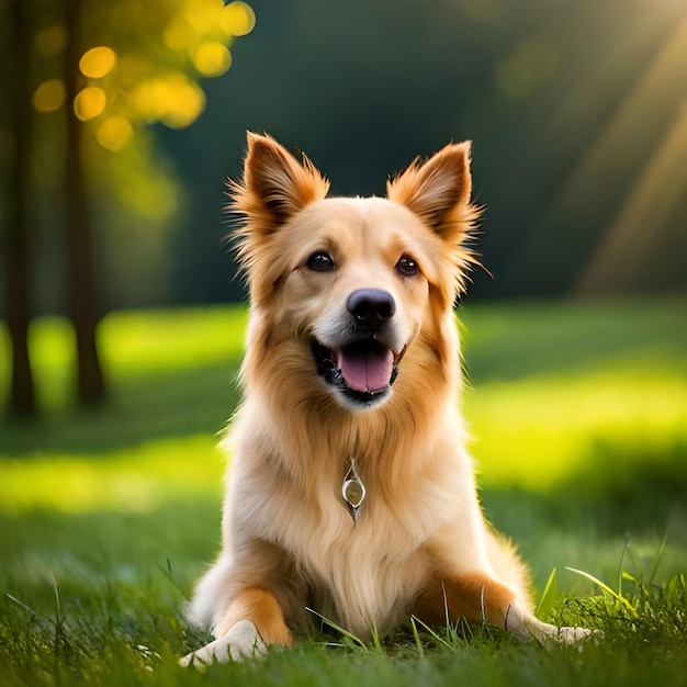 Um cachorro está deitado na grama e o sol está brilhando.