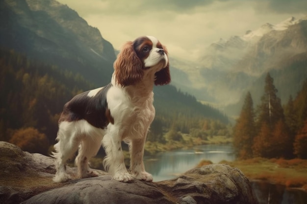 Um cachorro está em pé sobre uma rocha em frente a uma paisagem montanhosa.