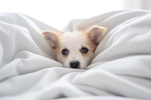 Um cachorro está olhando para fora de um cobertor branco.