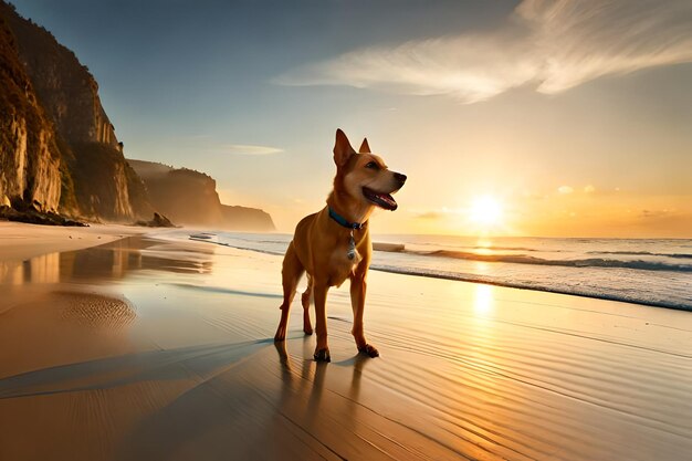 um cachorro está parado em uma praia com o oceano ao fundo.