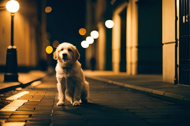 um cachorro está parado na calçada no meio da noite.