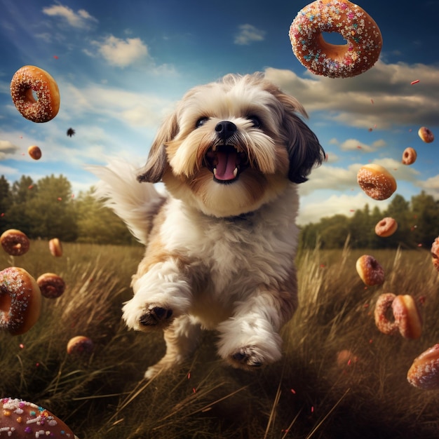 um cachorro está parado na grama com donuts ao fundo.