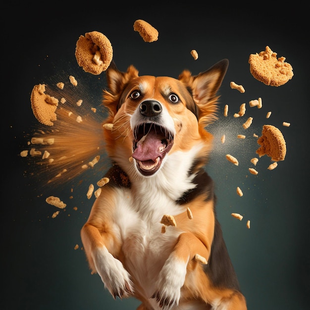 Um cachorro está pulando no ar e as palavras biscoitos no fundo