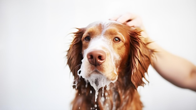 Um cachorro está sendo lavado na banheira.