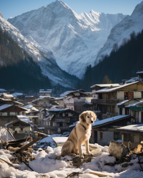 um cachorro está sentado em frente a uma vila com montanhas ao fundo.