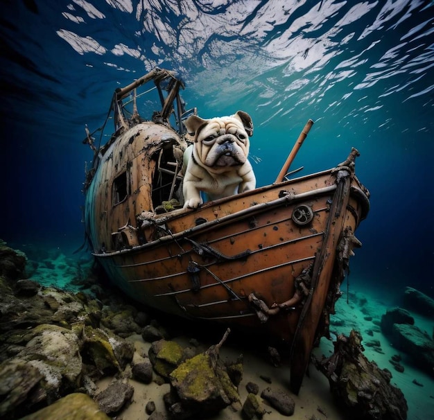 Um cachorro está sentado em um barco que diz 