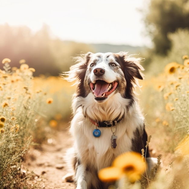 Um cachorro está sentado em um campo de flores com a palavra cachorro.