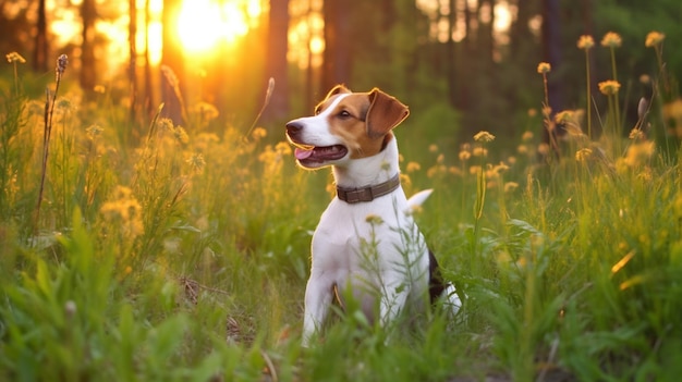 Um cachorro está sentado em um campo de grama com o sol se pondo atrás dele