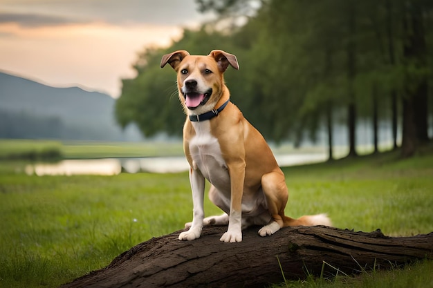 Um cachorro está sentado em um tronco em um parque.