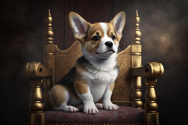 Um cachorro está sentado em um trono com o nome corgi nele.