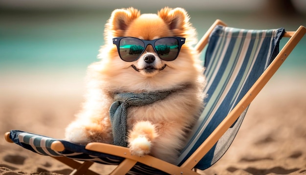 Um cachorro está sentado em uma cadeira de praia usando óculos escuros e um cachecol.