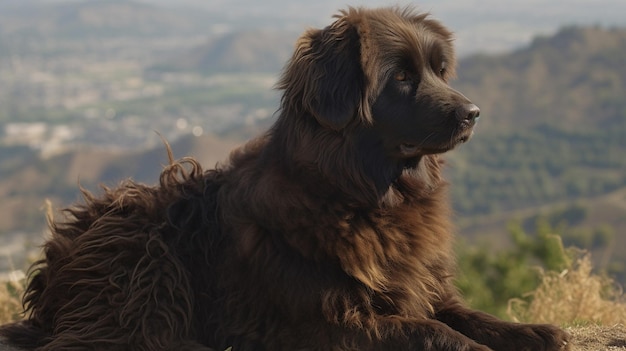 Um cachorro está sentado em uma colina em frente a uma montanha.