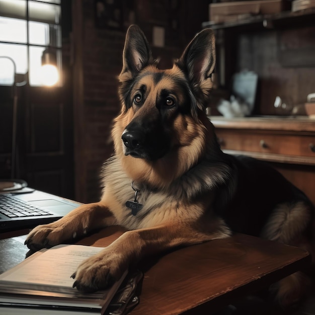 Foto um cachorro está sentado em uma mesa com um laptop sobre ele.