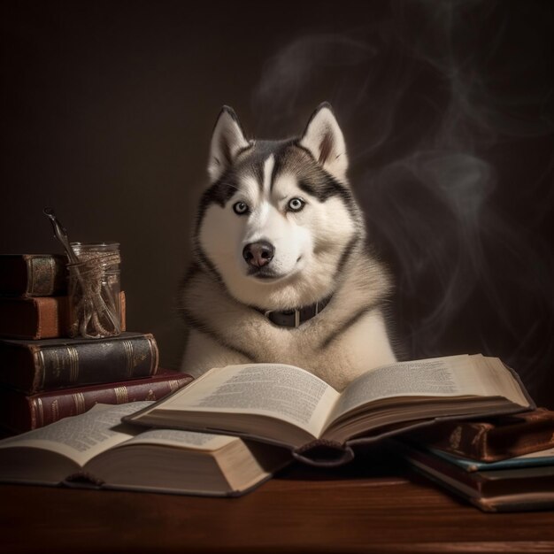 Um cachorro está sentado em uma mesa com um livro sobre ele.