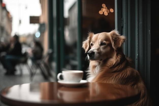 Um cachorro está sentado em uma mesa com uma xícara de café à sua frente.