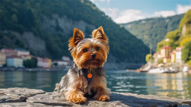 Um cachorro está sentado em uma pedra em frente a um lago na montanha.