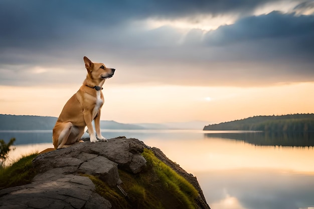 Um cachorro está sentado em uma pedra em frente a um lago.