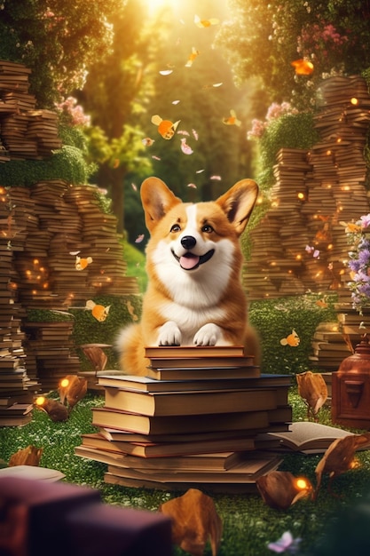 Um cachorro está sentado em uma pilha de livros com uma borboleta no topo.