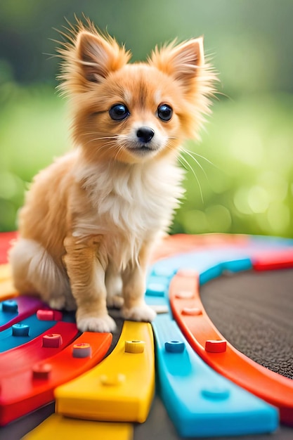 Um cachorro está sentado em uma pista com uma trilha colorida.