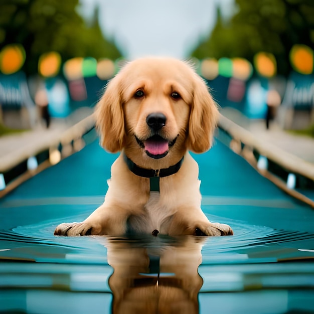 Um cachorro está sentado em uma superfície azul com a palavra nele