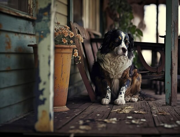 Um cachorro está sentado em uma varanda com um vaso de plantas ao lado.