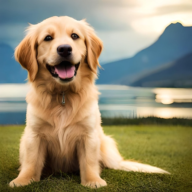 Um cachorro está sentado na grama com a palavra cachorro