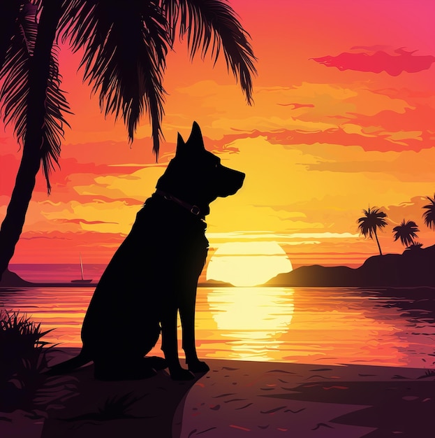 Um cachorro está sentado na praia e olha o pôr do sol.