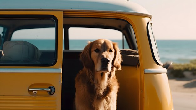 Um cachorro está sentado na traseira de um caminhão amarelo com a porta aberta.