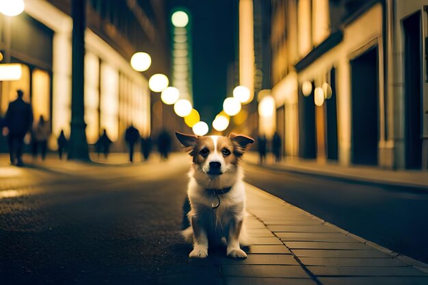 um cachorro está sentado no meio de uma rua da cidade.