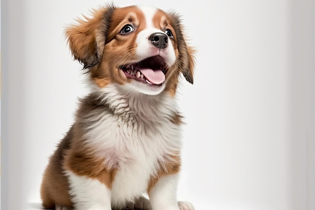 Foto um cachorro está sorrindo em fundo branco feito por iainteligência artificial