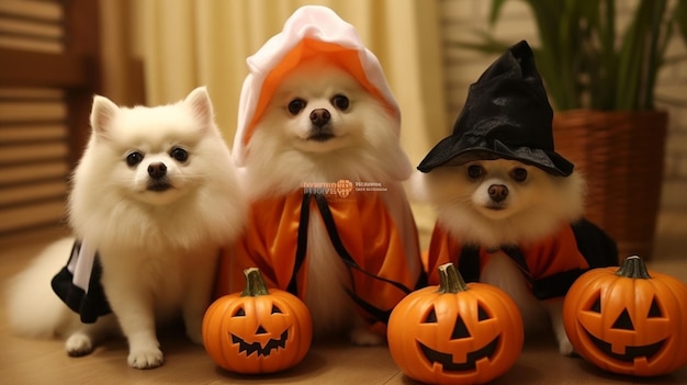 um cachorro fantasiado de Halloween está usando um chapéu de bruxa e uma abóbora.
