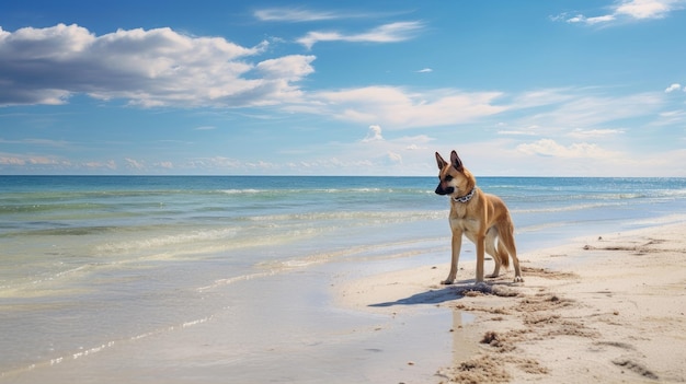 Um cachorro feliz corre ao longo da costa arenosa do oceano e espirra água nas férias, descansa e relaxa