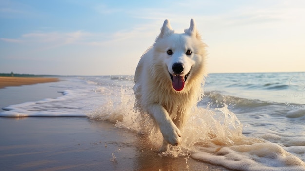 Um cachorro feliz corre ao longo da costa arenosa do oceano e espirra água nas férias, descansa e relaxa