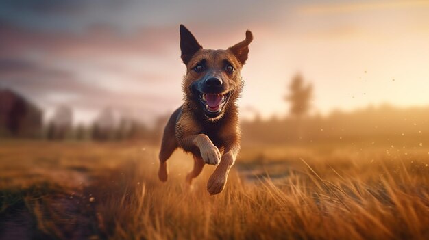 Um cachorro feliz pulando de alegria pelo campo iluminado pelo sol IA generativa