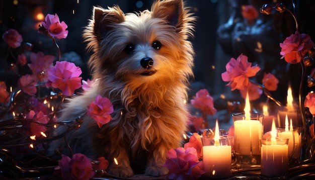 Um cachorro fofo com velas e flores terapêuticas