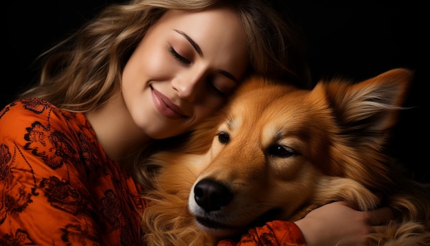 Foto um cachorro fofo e uma mulher sorrindo e abraçados em pura felicidade gerada pela inteligência artificial