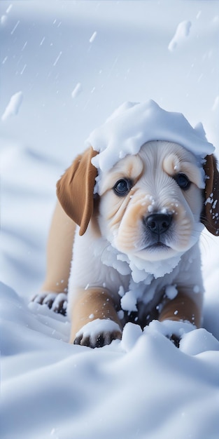 um cachorro fofo em ambiente nevando