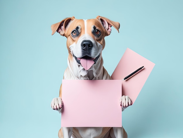 Um cachorro fofo segurando um quadro rosa em branco sobre fundo azul ai generativo