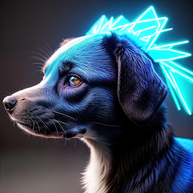 Um cachorro futurista com luz neon brilha no escuro