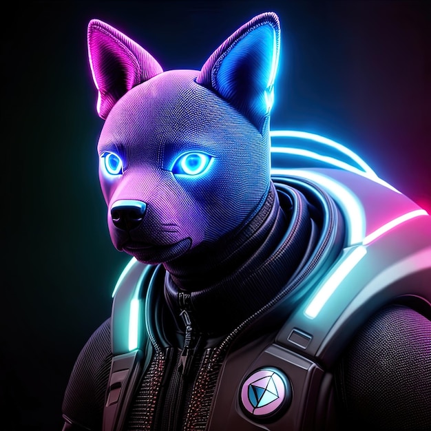 Um cachorro futurista com luz neon brilha no escuro