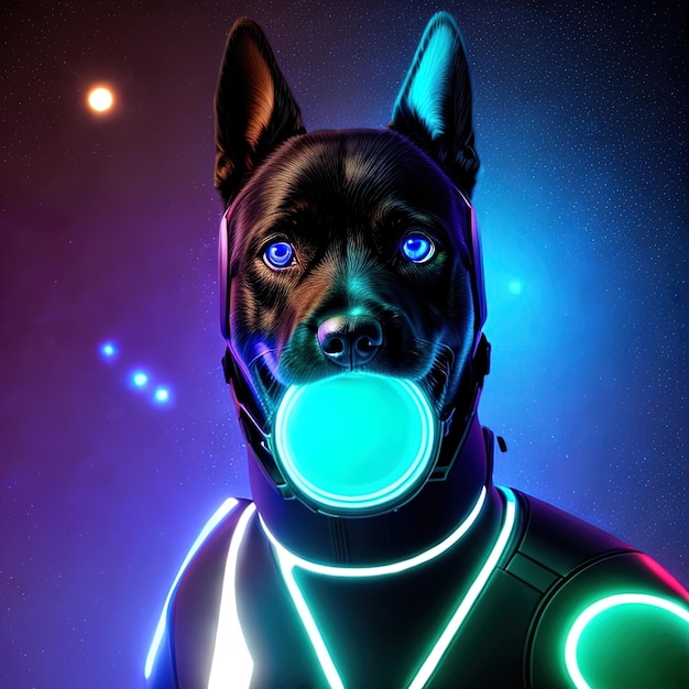 Um cachorro futurista com luz neon brilha no escuro