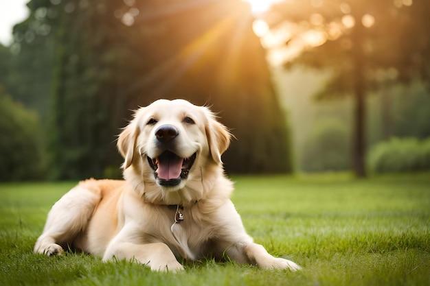 Um cachorro golden retriever deitado na grama