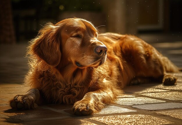 Um cachorro golden retriever deitado no chão com o sol brilhando em seu rosto.