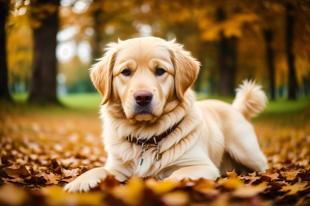 Um cachorro golden retriever deitado no chão em um parque com folhas no chão