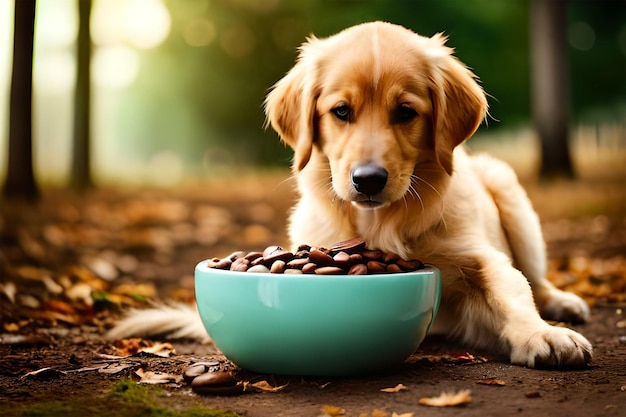 Um cachorro golden retriever olhando para uma tigela de amendoim