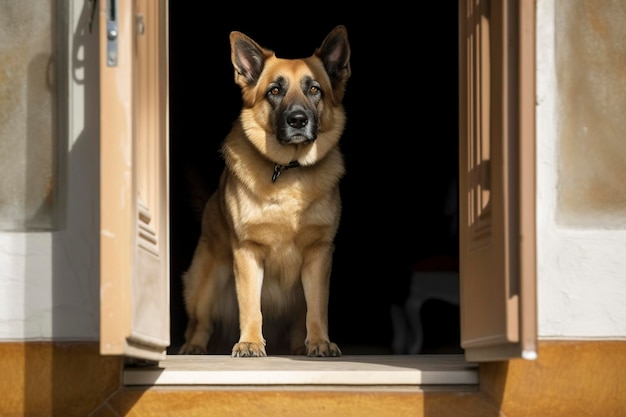 Um cachorro guarda a casa observando da entrada que Ai gerou