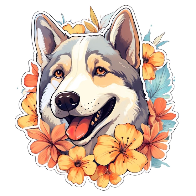 Um cachorro husky fofo com ilustração floral de flores gerada por Ai